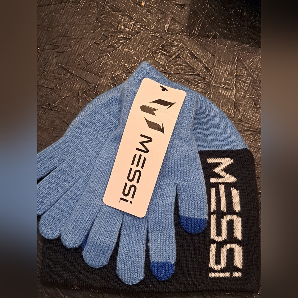 New MESSI Boy's 2pc Blue and Black Toque And Mitten Set; Size L/XL